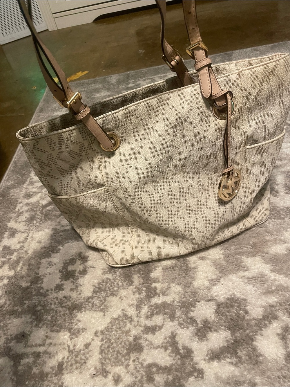 Michael Kors Cream MK Logo Tote with Tan Straps * has one little black line